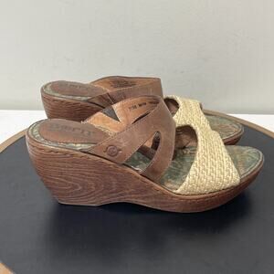Born Sandals Women 7‎ M Brown Leather Raffia Wedge Slip-On Comfort Boho Summer